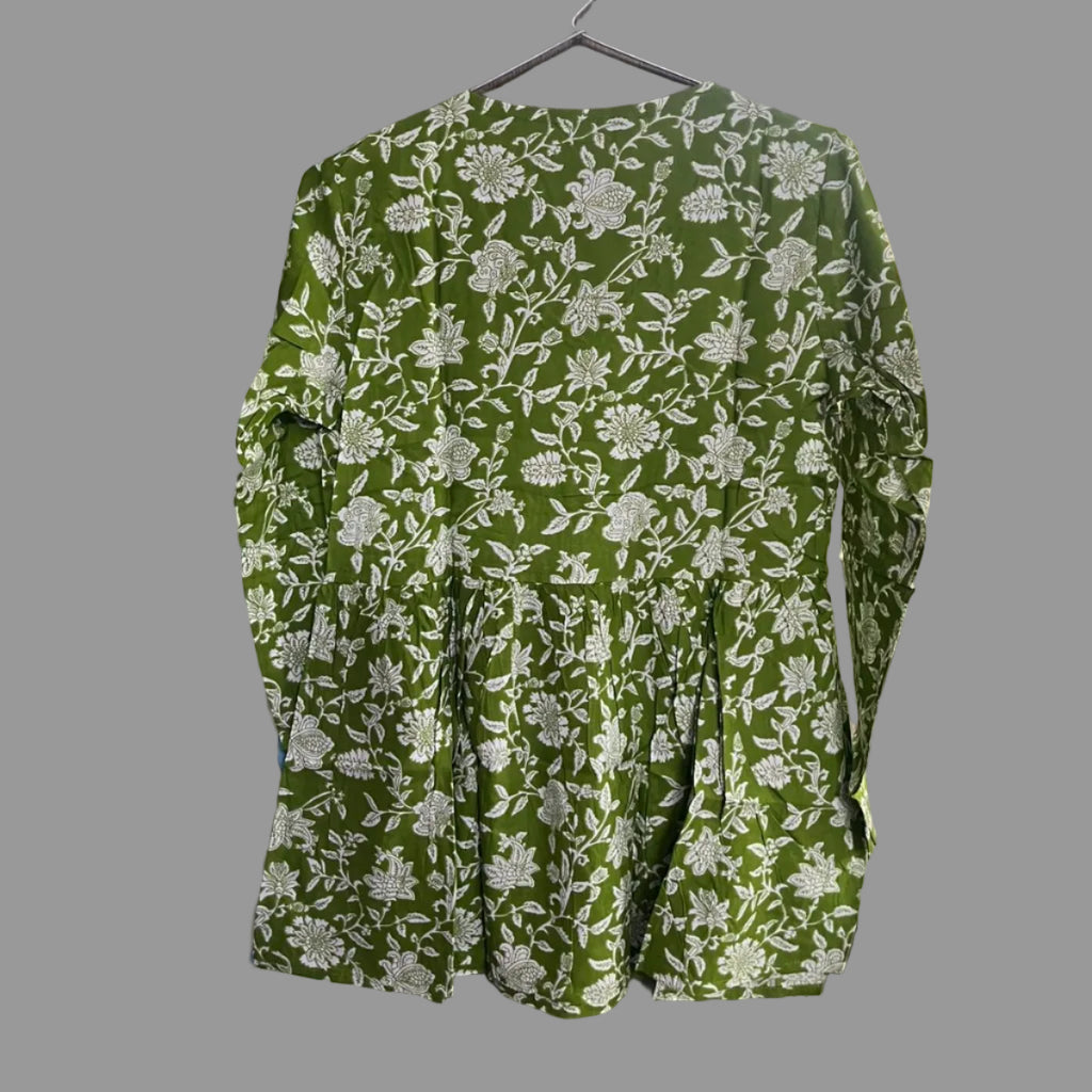 Women’s Olive Green Floral Alia Top | Premium Soft Cotton | V-Neck | Full Sleeves