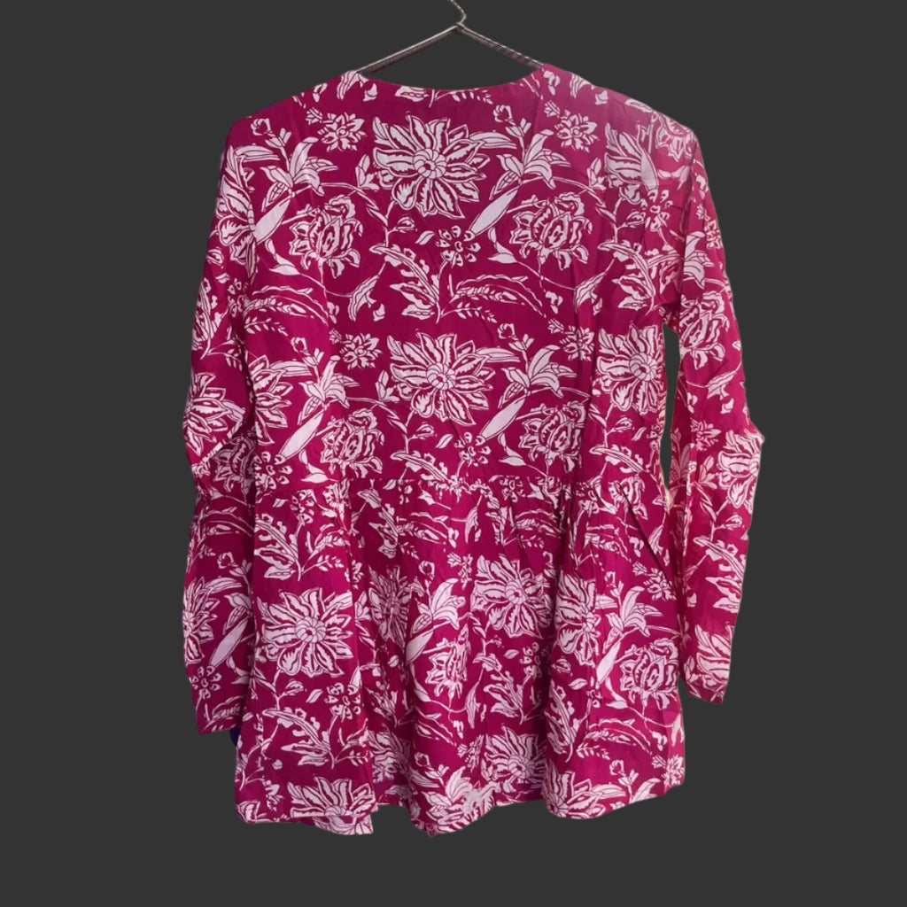 Women’s Pink Floral Alia Top | Premium Soft Cotton | V-Neck | Full Sleeves