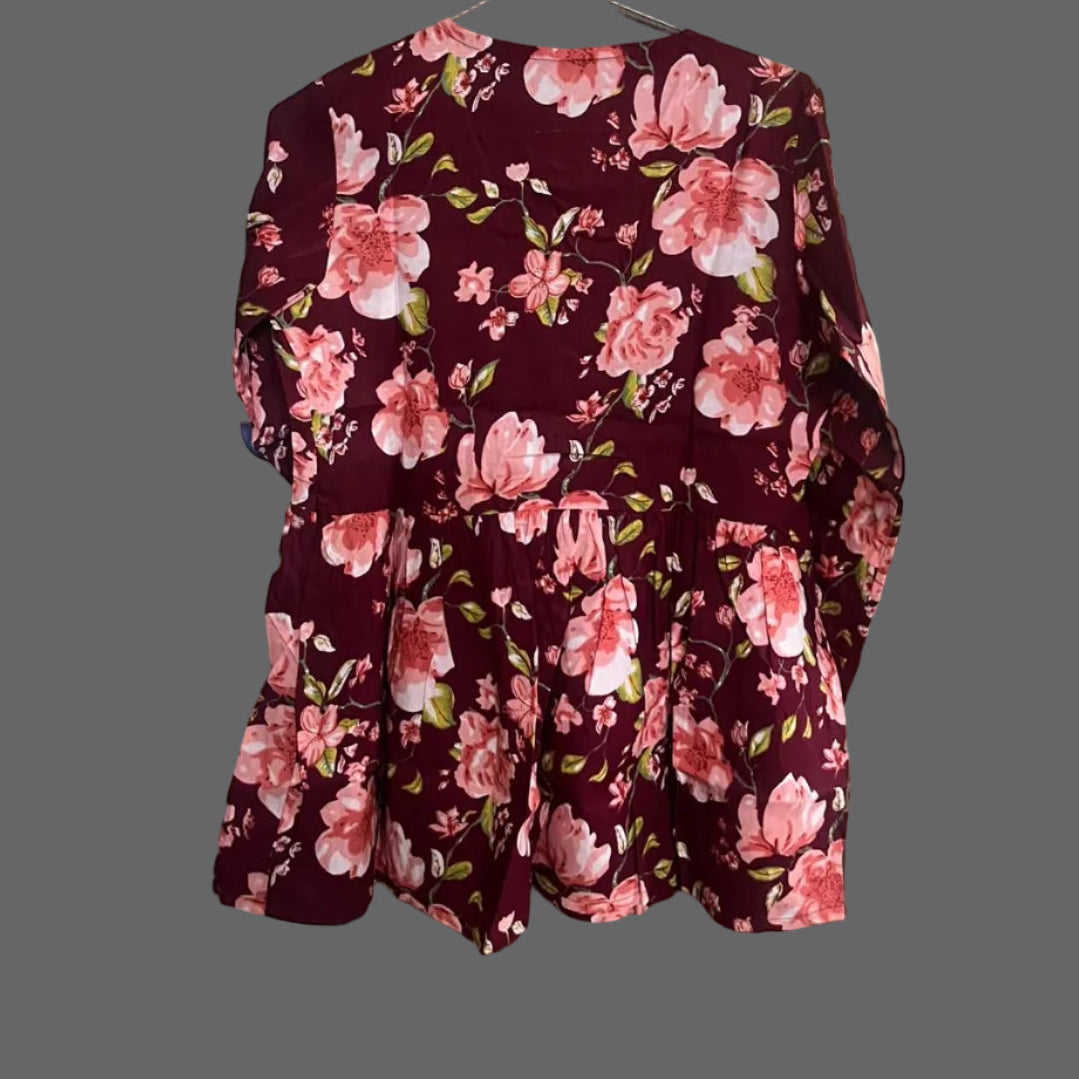Women’s Floral Alia Top – Premium Soft Cotton | V-Neck Flowy Fit (Wine)