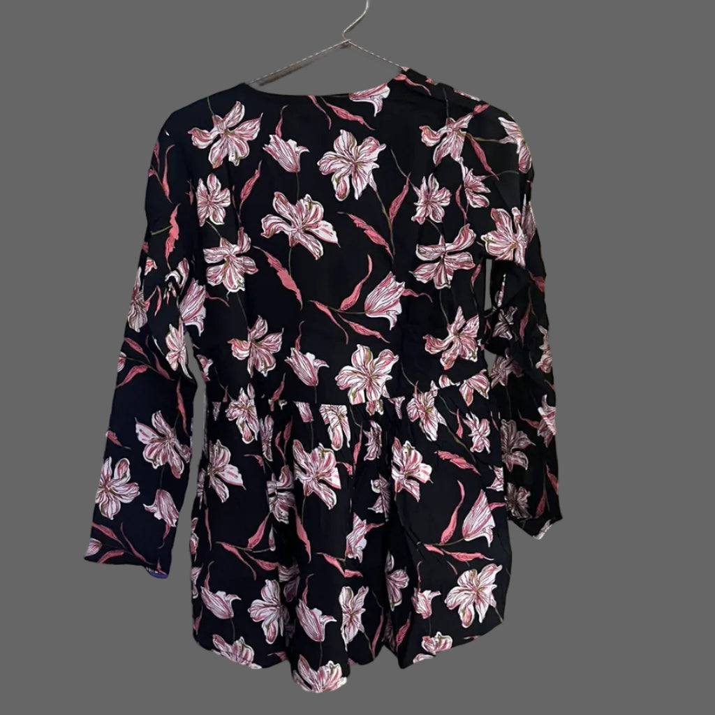 Women’s Black Floral Alia Top – Premium Soft Cotton | V-Neck Flowy Fit