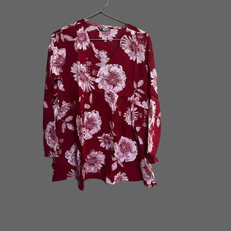 Women’s Wine Floral Alia Top – Premium Soft Cotton | V-Neck Flowy Fit