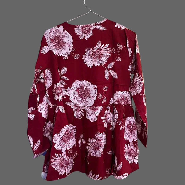 Women’s Wine Floral Alia Top – Premium Soft Cotton | V-Neck Flowy Fit