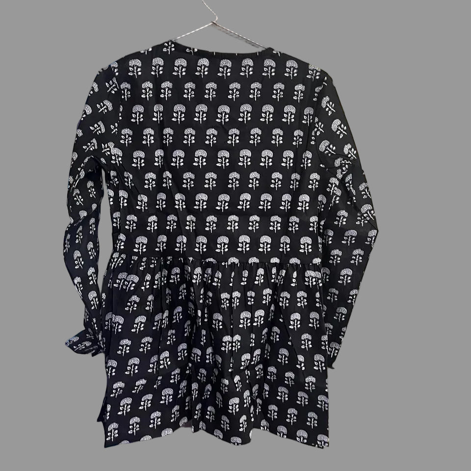 Women’s Black Ethnic Print Alia Top – Premium Soft Cotton | V-Neck Flowy Fit