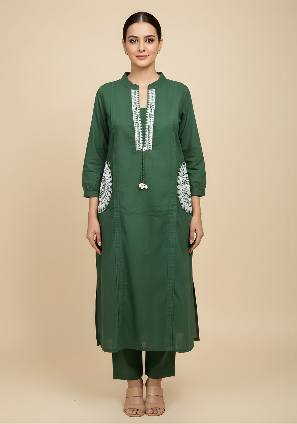 Embroidered Cotton Co-Ord Set with Lace V-Neck Kurta