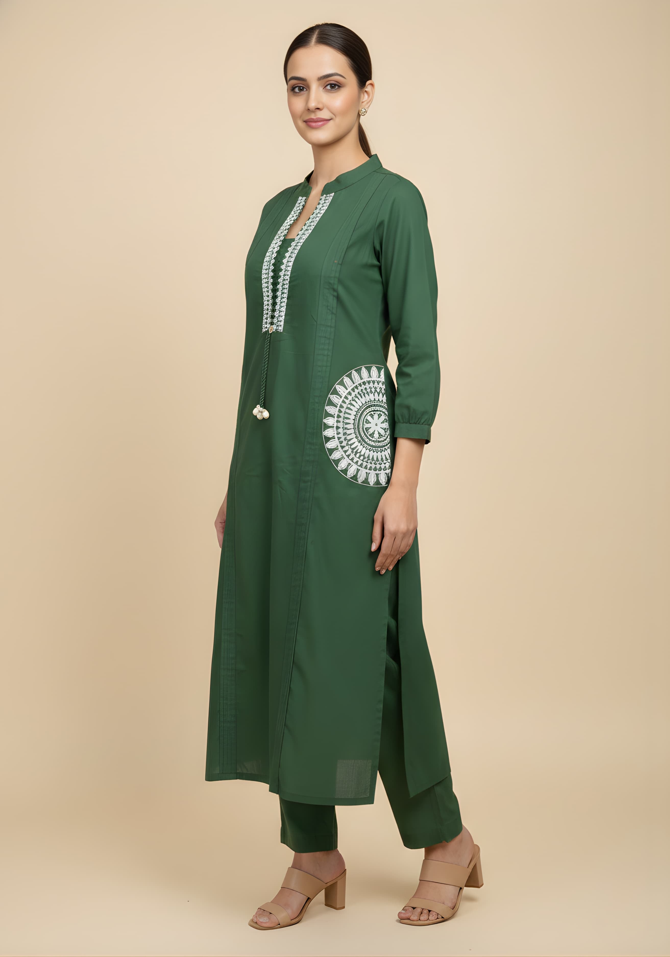 Embroidered Cotton Co-Ord Set with Lace V-Neck Kurta