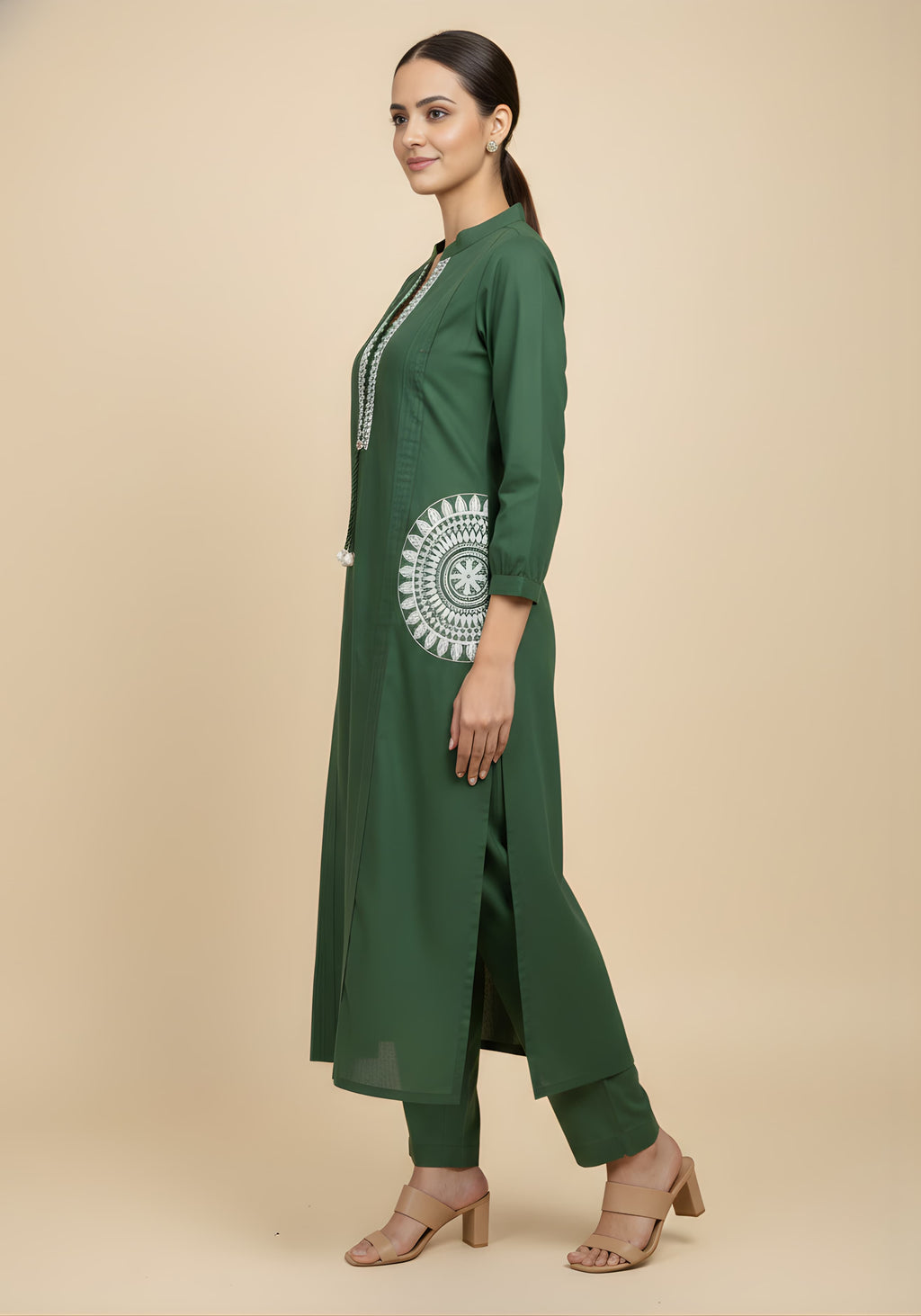 Embroidered Cotton Co-Ord Set with Lace V-Neck Kurta