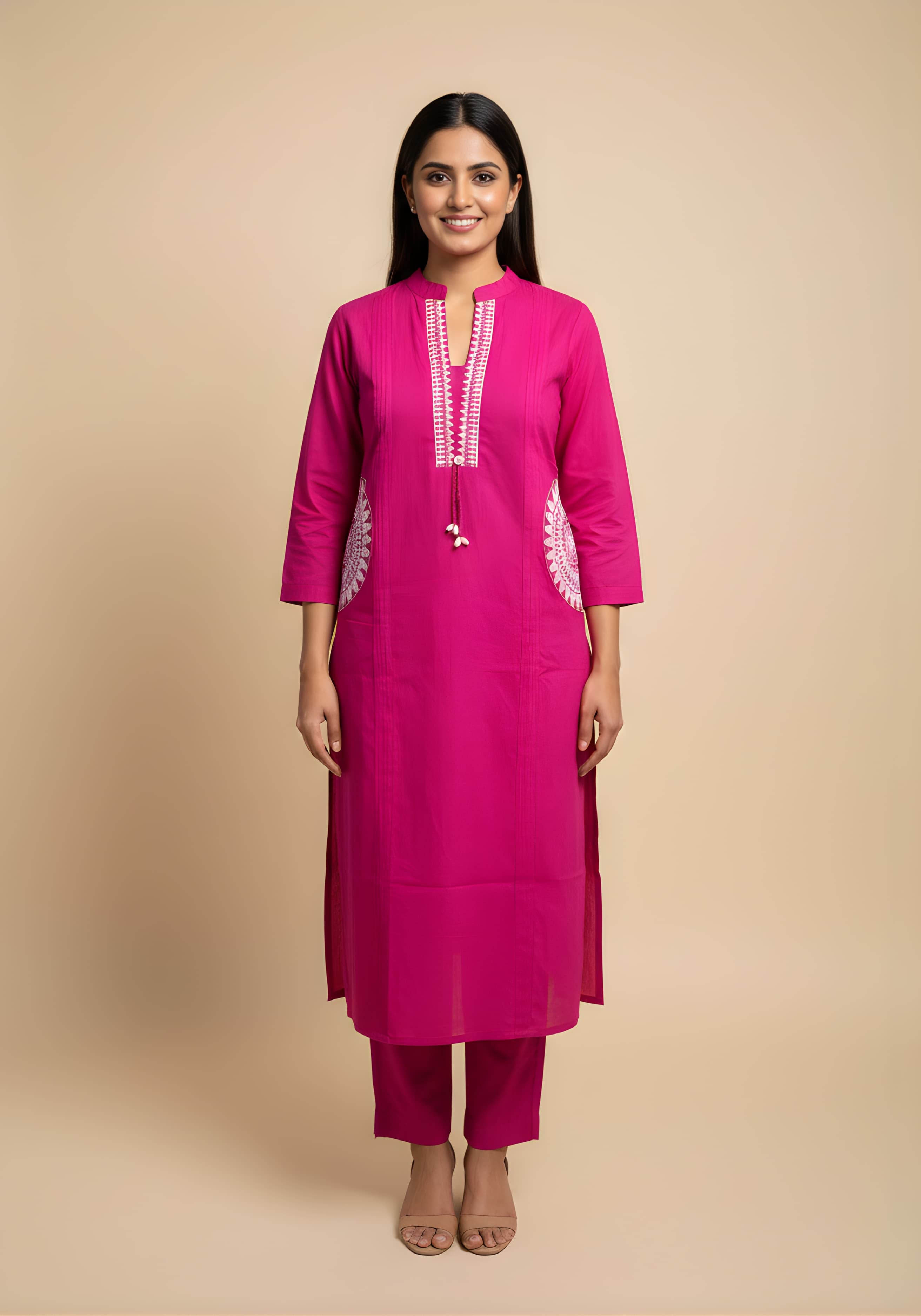 Embroidered Cotton Co-Ord Set with Lace V-Neck Kurta