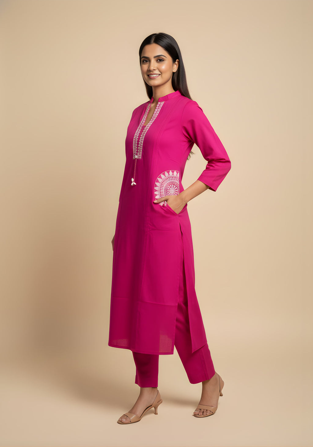Embroidered Cotton Co-Ord Set with Lace V-Neck Kurta