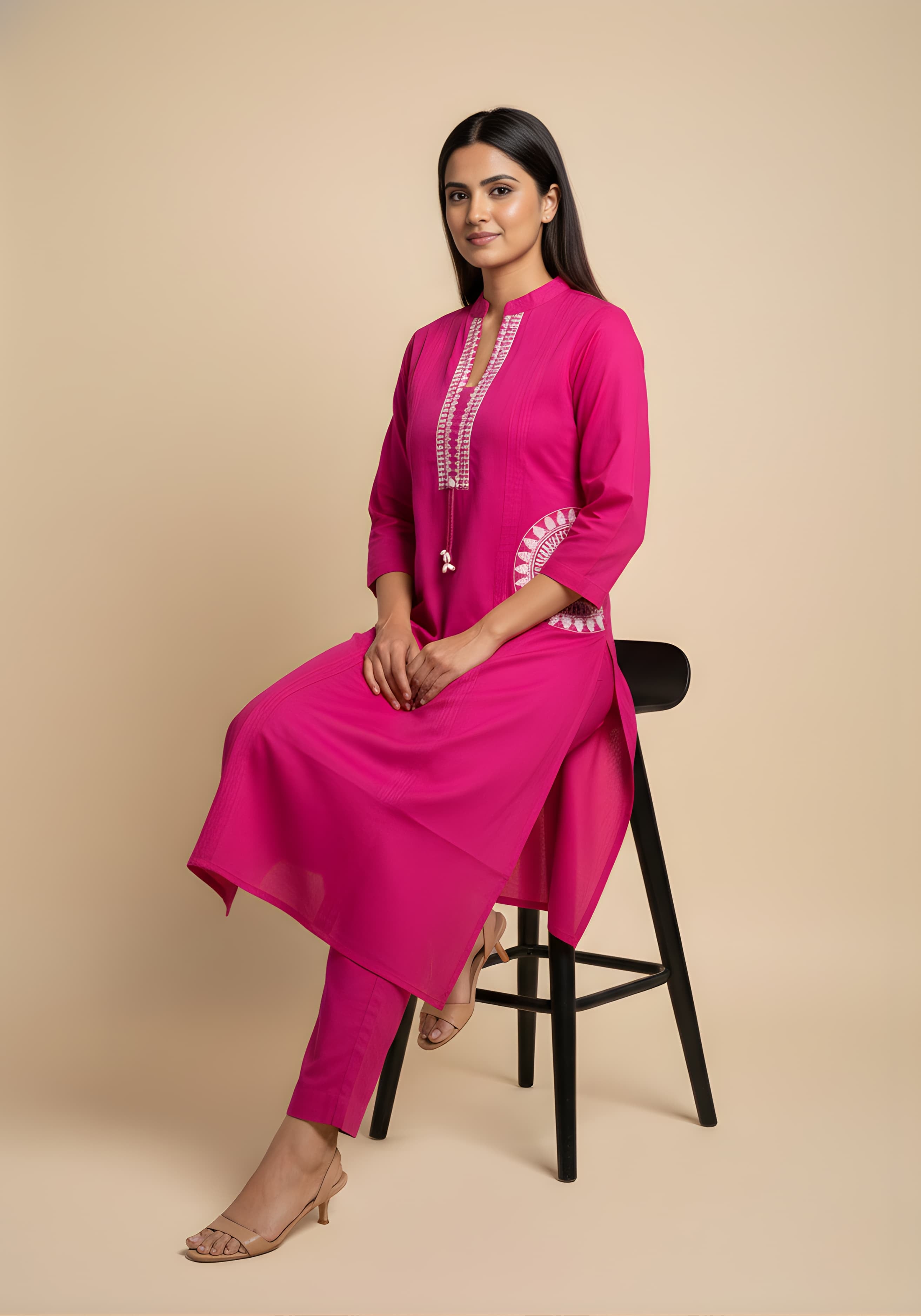 Embroidered Cotton Co-Ord Set with Lace V-Neck Kurta