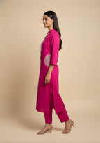 Embroidered Cotton Co-Ord Set with Lace V-Neck Kurta