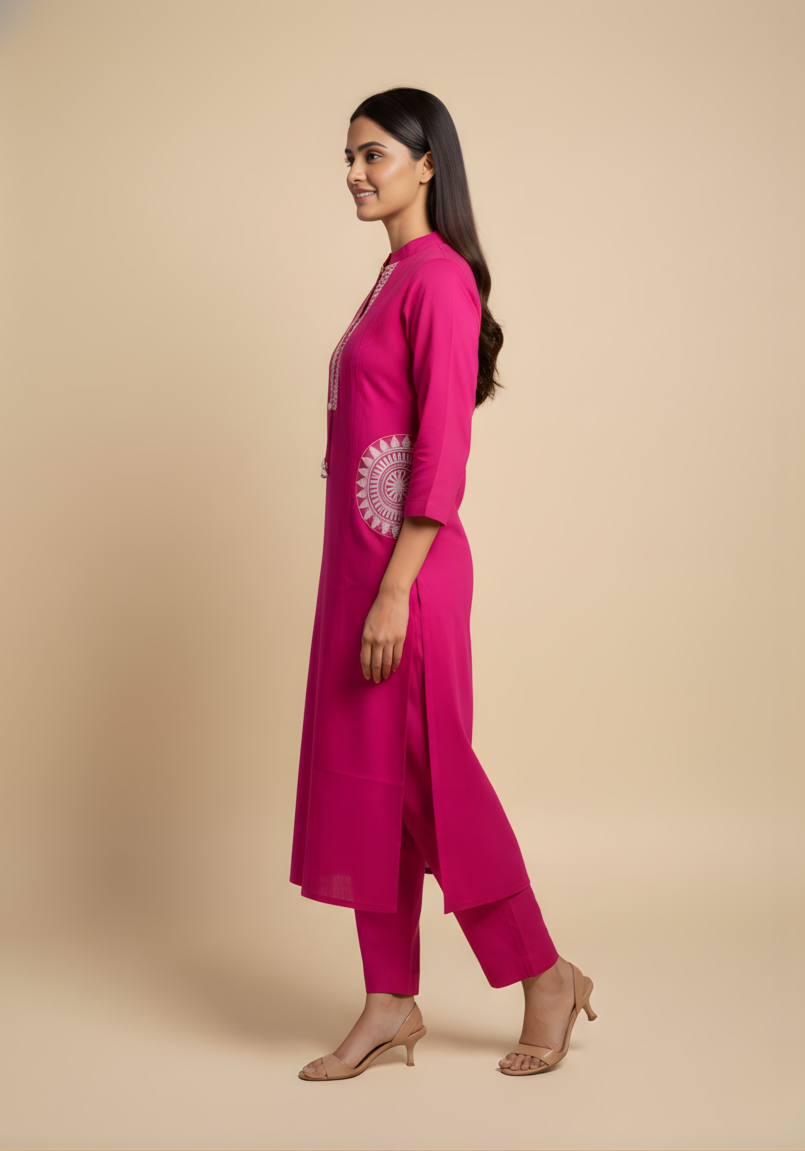 Embroidered Cotton Co-Ord Set with Lace V-Neck Kurta