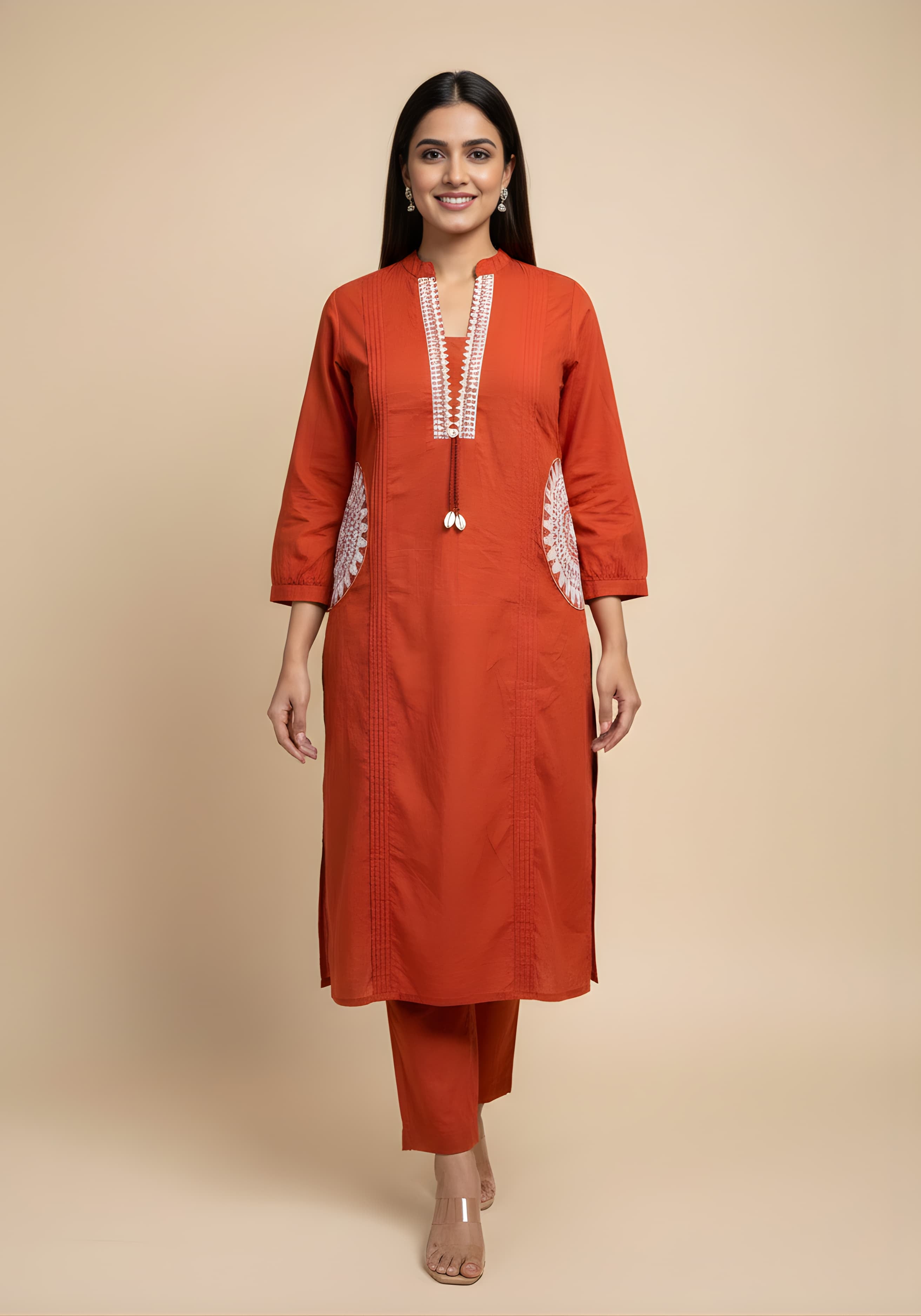 Embroidered Cotton Co-Ord Set with Lace V-Neck Kurta