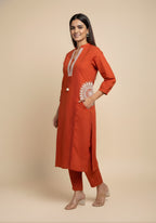 Embroidered Cotton Co-Ord Set with Lace V-Neck Kurta