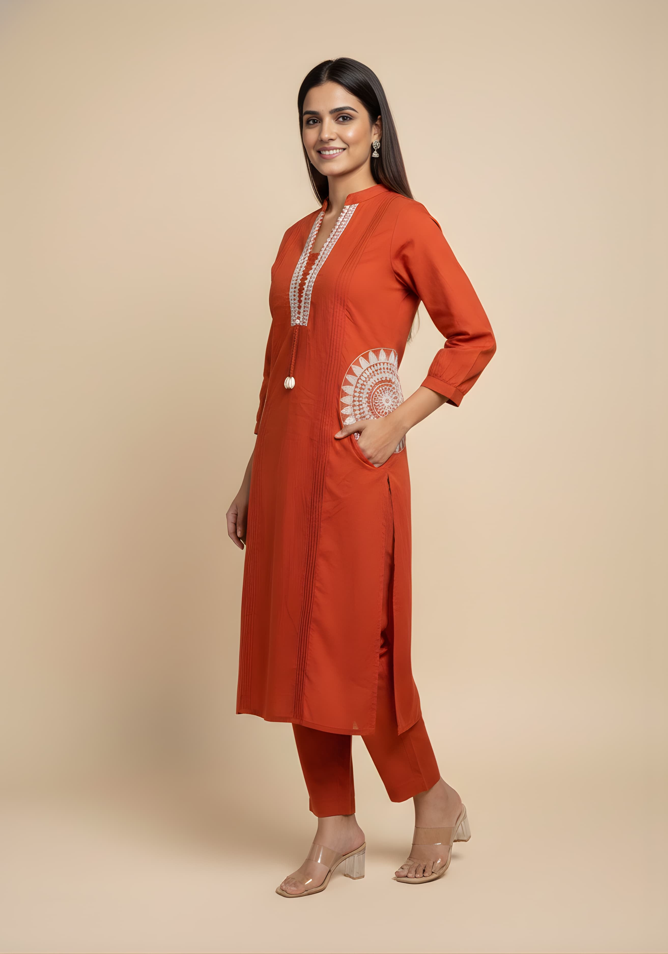 Embroidered Cotton Co-Ord Set with Lace V-Neck Kurta