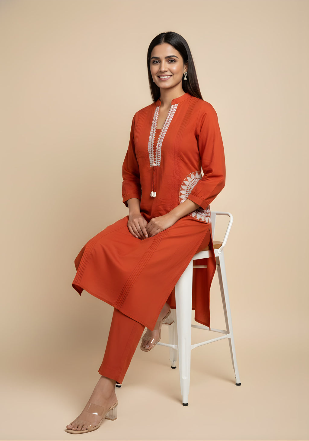 Embroidered Cotton Co-Ord Set with Lace V-Neck Kurta
