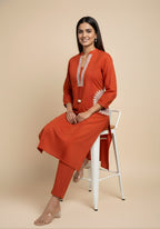 Embroidered Cotton Co-Ord Set with Lace V-Neck Kurta