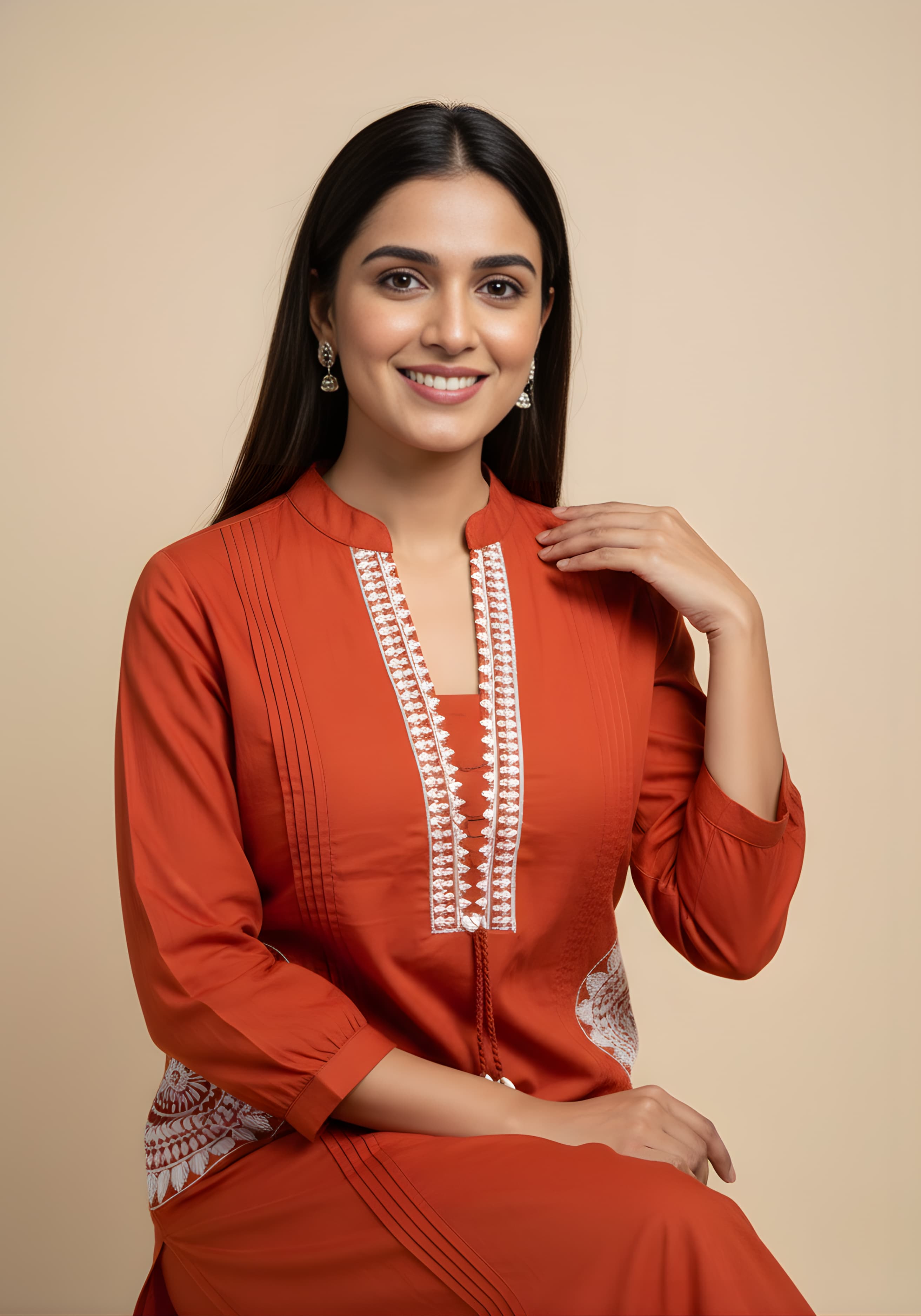 Embroidered Cotton Co-Ord Set with Lace V-Neck Kurta