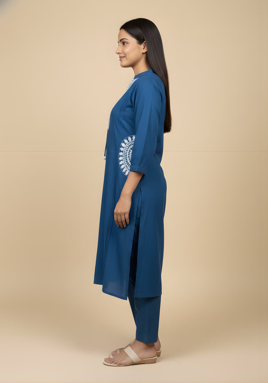 Embroidered Cotton Co-Ord Set with Lace V-Neck Kurta