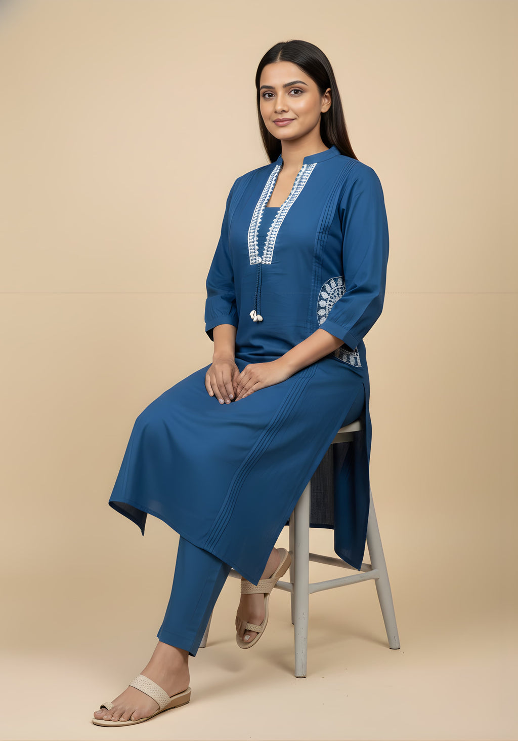 Embroidered Cotton Co-Ord Set with Lace V-Neck Kurta