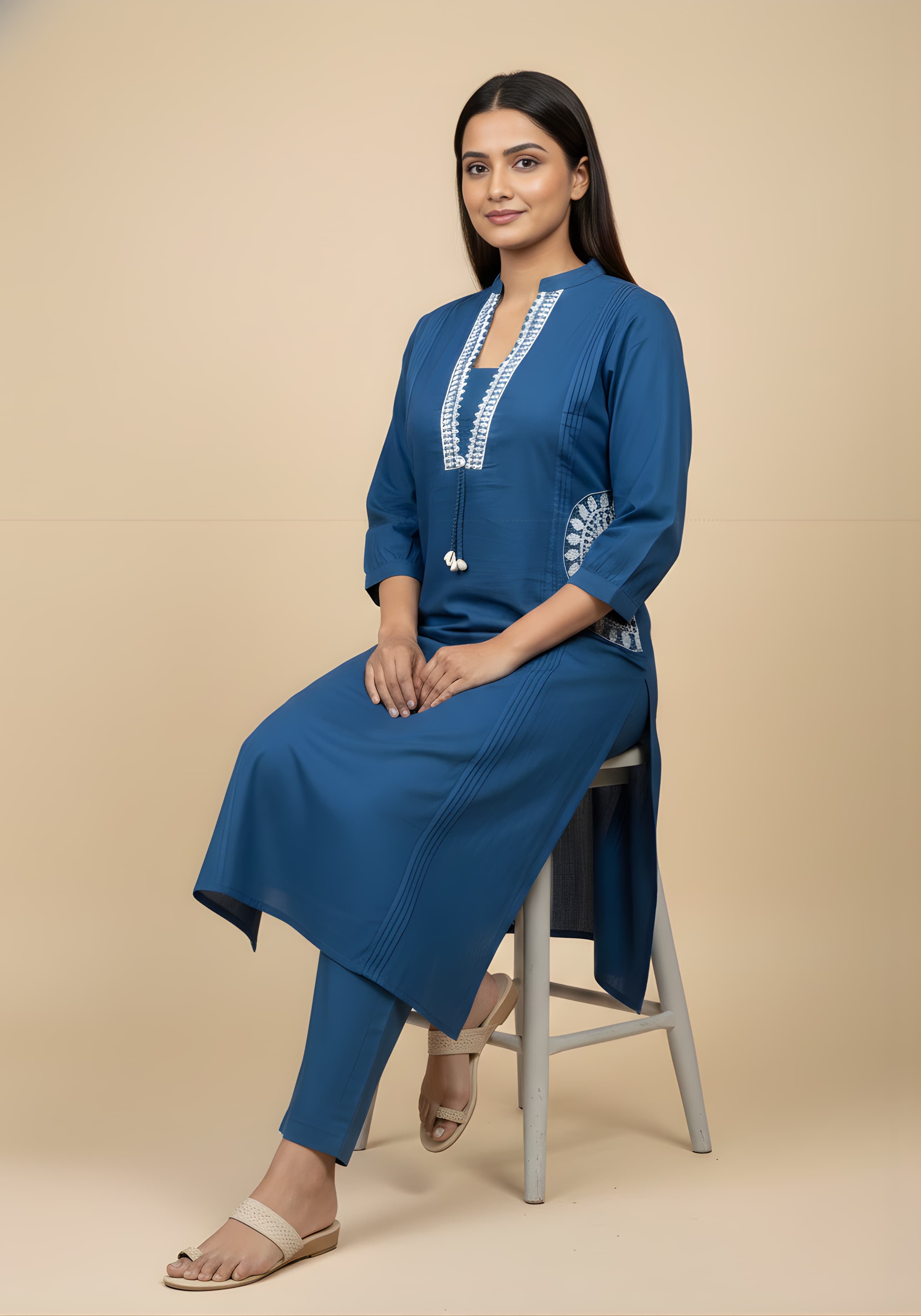 Embroidered Cotton Co-Ord Set with Lace V-Neck Kurta