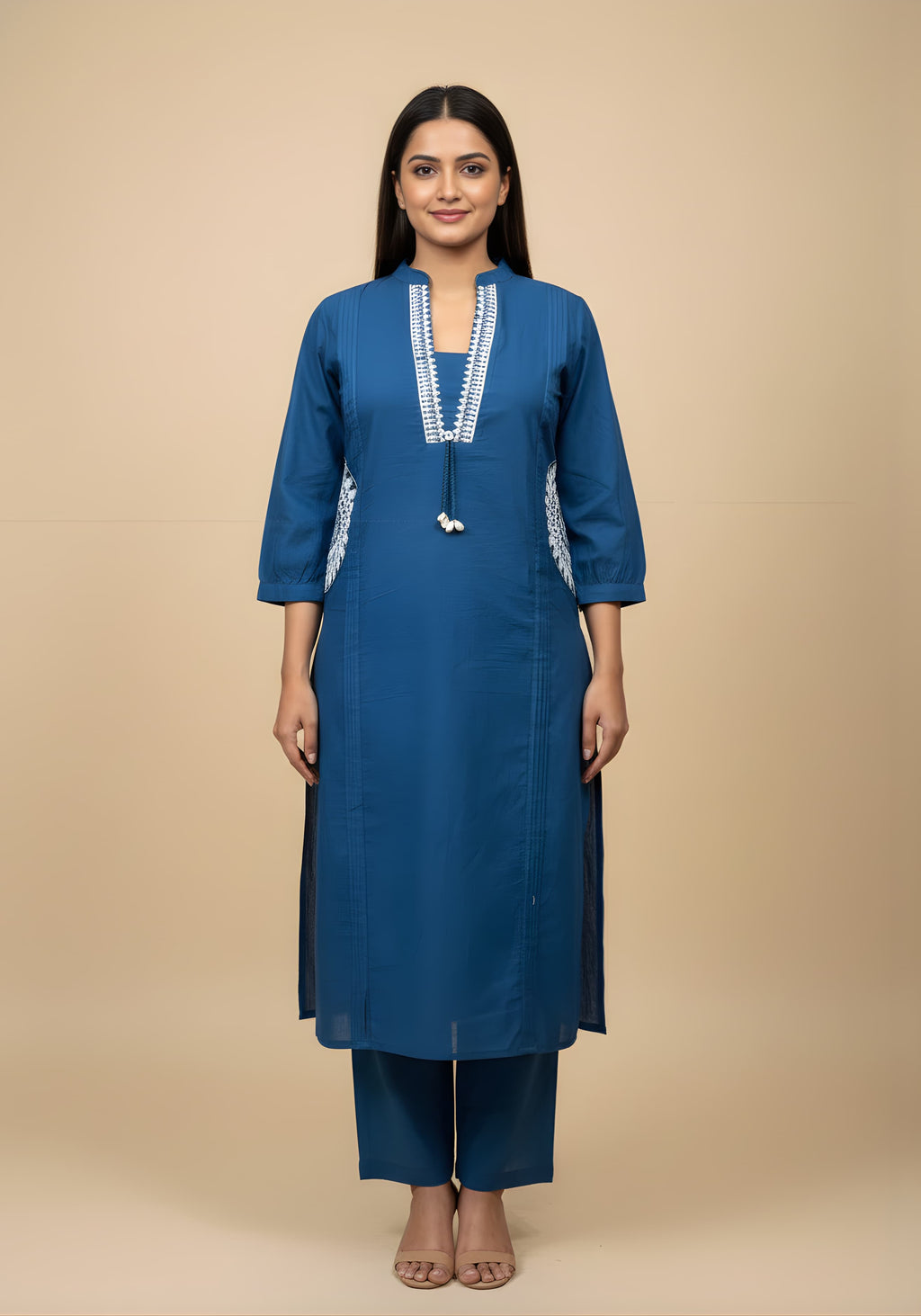 Embroidered Cotton Co-Ord Set with Lace V-Neck Kurta