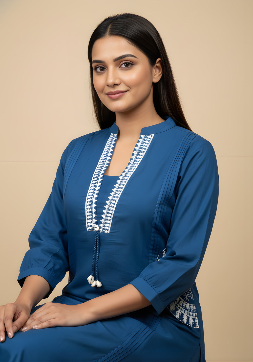 Embroidered Cotton Co-Ord Set with Lace V-Neck Kurta