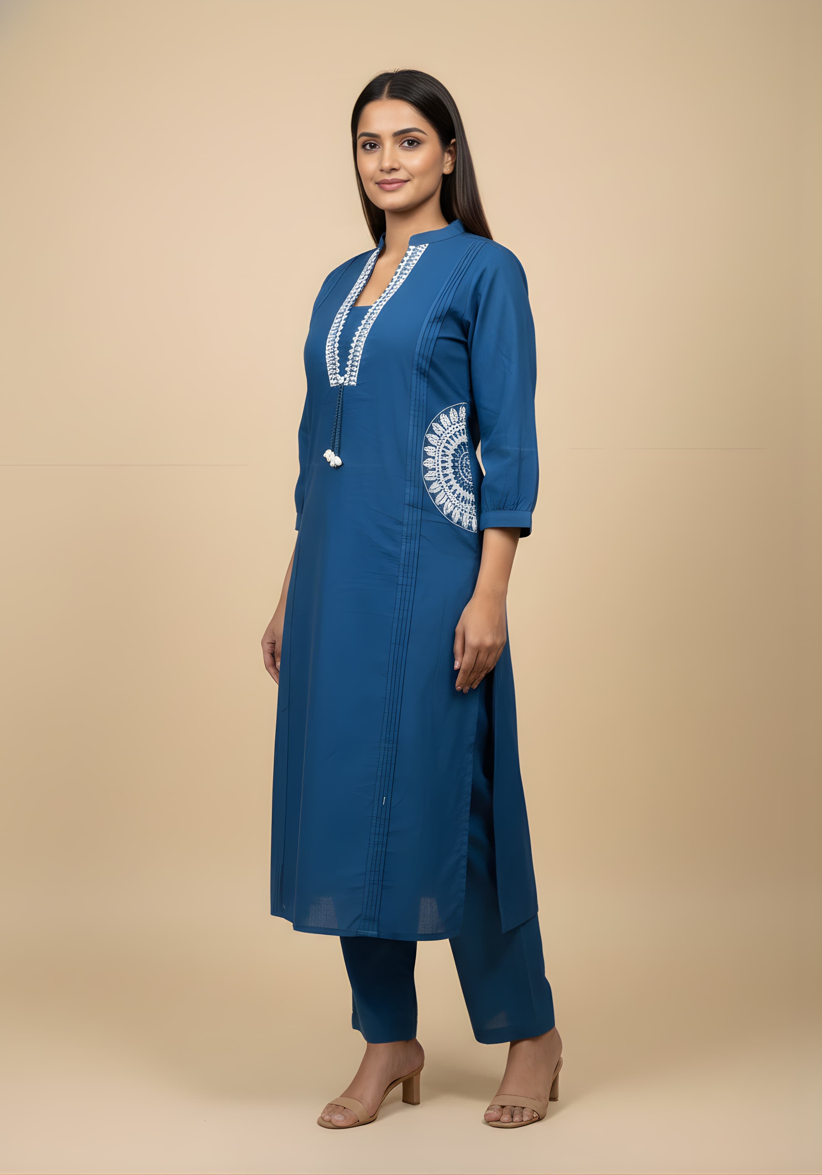 Embroidered Cotton Co-Ord Set with Lace V-Neck Kurta