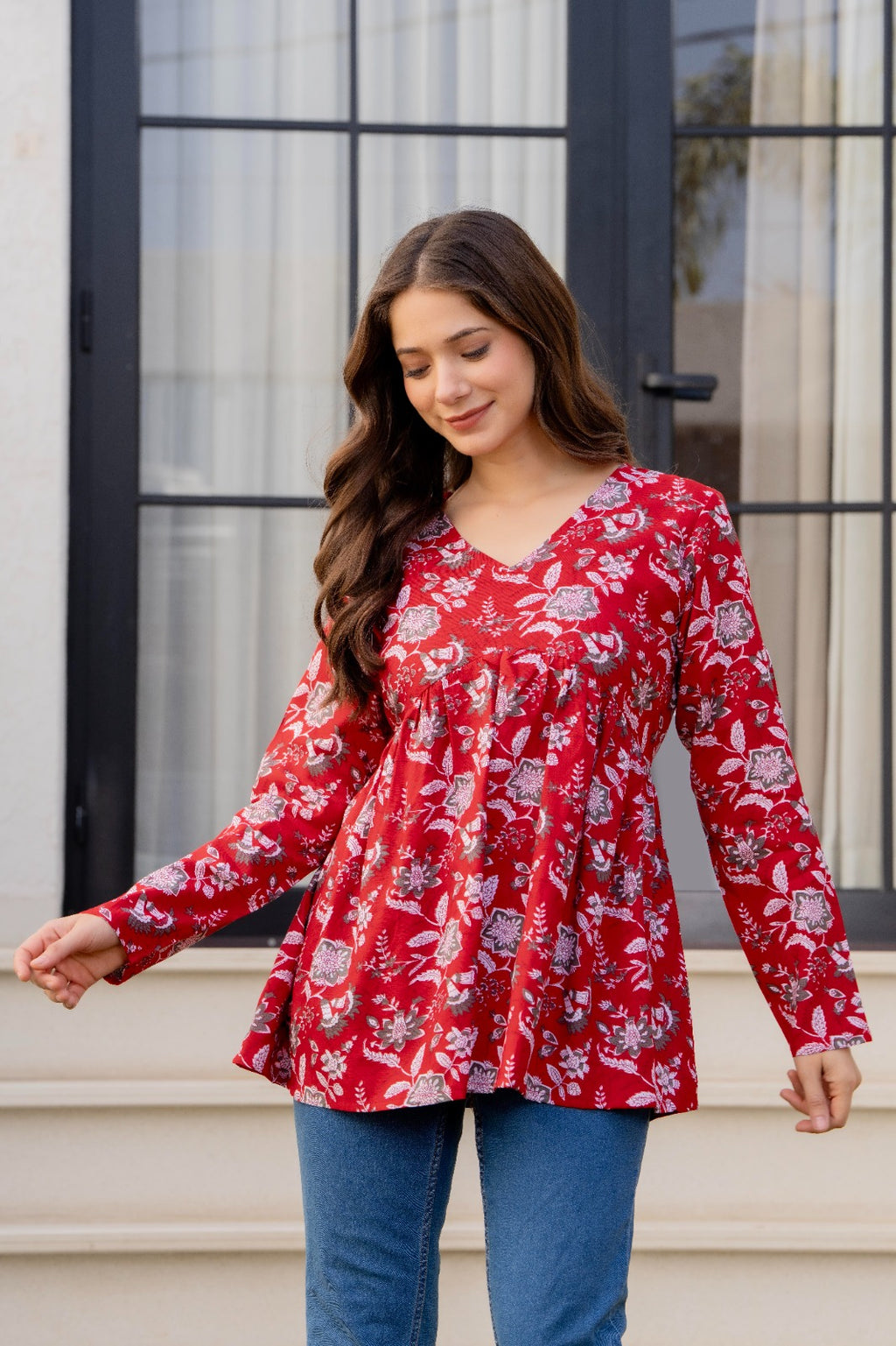Red Floral Printed Cotton Tunic Top