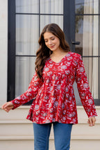 Red Floral Printed Cotton Tunic Top