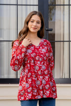Red Floral Printed Cotton Tunic Top