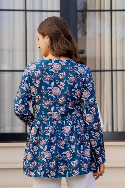 Navy Blue Floral Printed Cotton Tunic Top