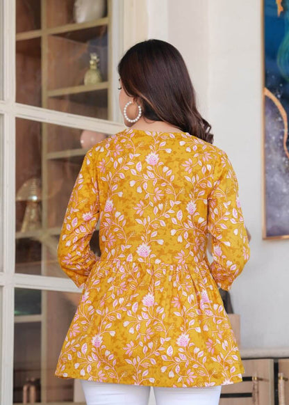 Mustard Yellow Floral Printed Cotton Tunic Top