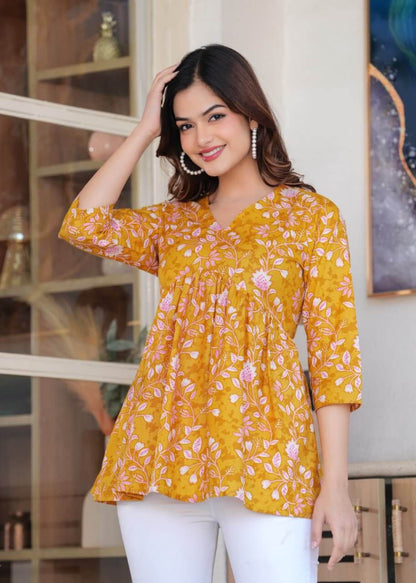 Mustard Yellow Floral Printed Cotton Tunic Top