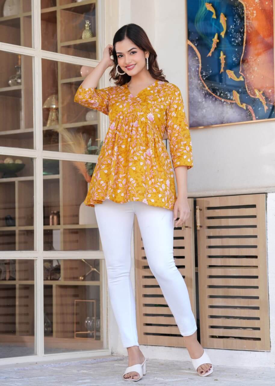 Mustard Yellow Floral Printed Cotton Tunic Top