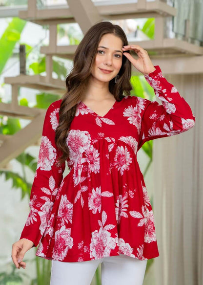 Crimson Red Floral Printed Cotton Tunic Top