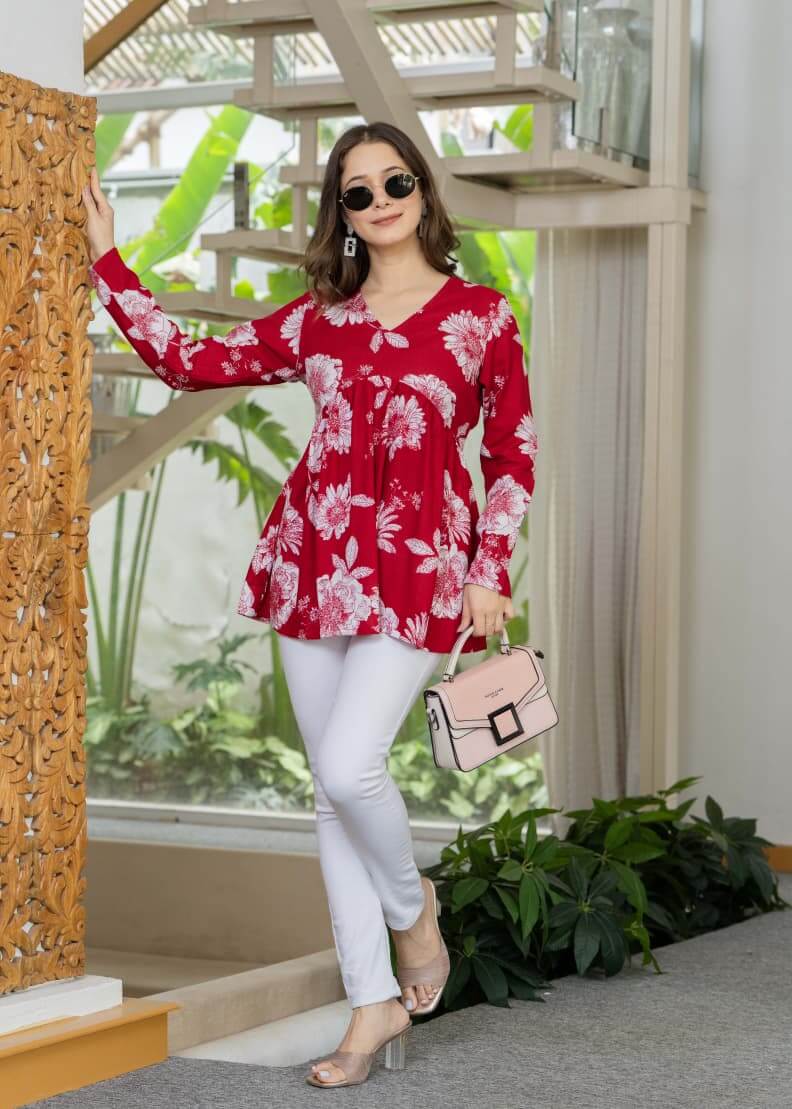 Crimson Red Floral Printed Cotton Tunic Top