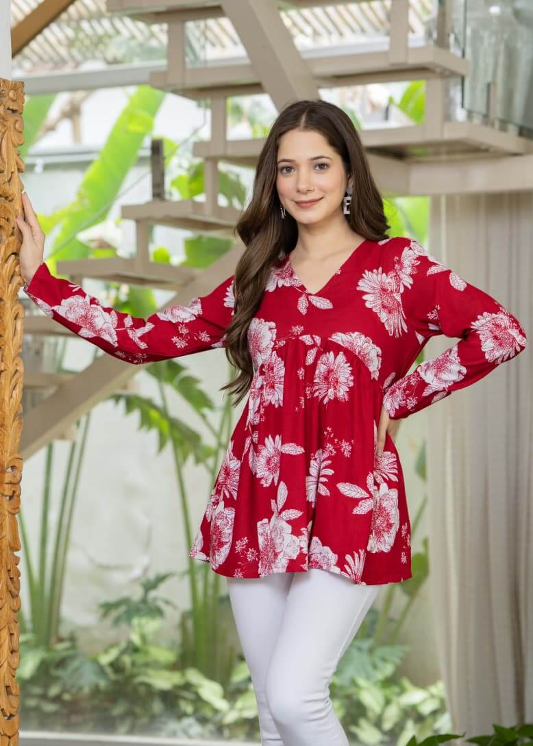 Crimson Red Floral Printed Cotton Tunic Top