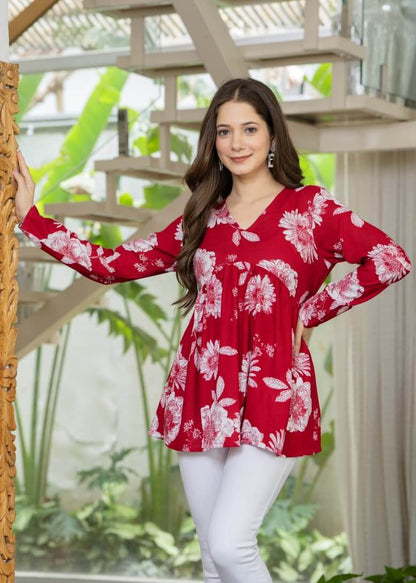 Crimson Red Floral Printed Cotton Tunic Top