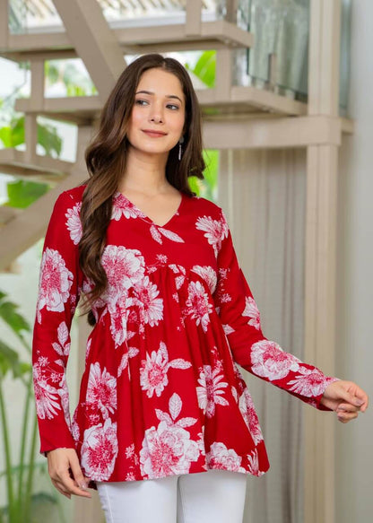 Crimson Red Floral Printed Cotton Tunic Top