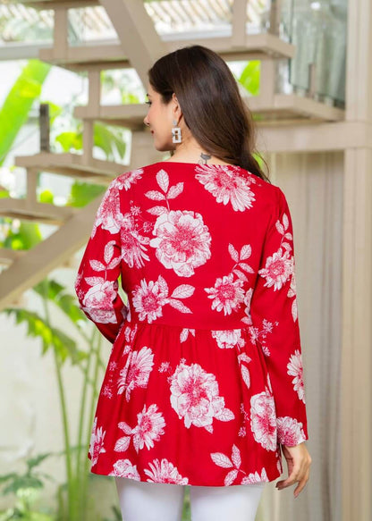 Crimson Red Floral Printed Cotton Tunic Top