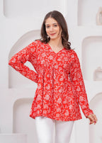 Bright Red Floral Printed Cotton Tunic Top