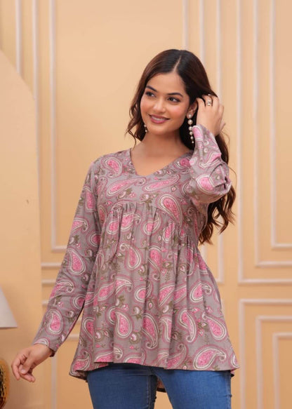 Taupe Pink Paisley Printed Cotton Tunic Top