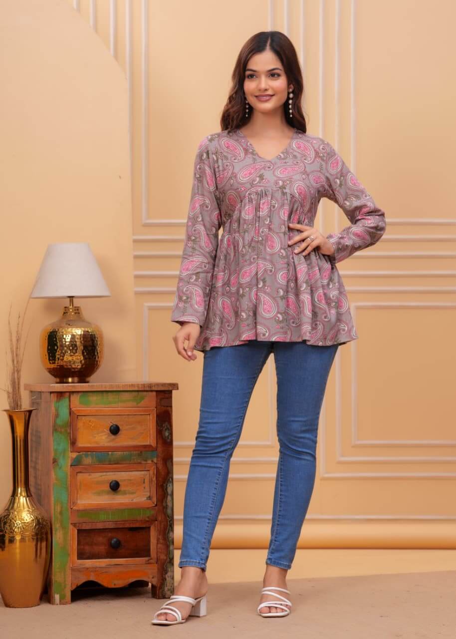 Taupe Pink Paisley Printed Cotton Tunic Top