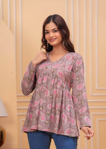 Taupe Pink Paisley Printed Cotton Tunic Top