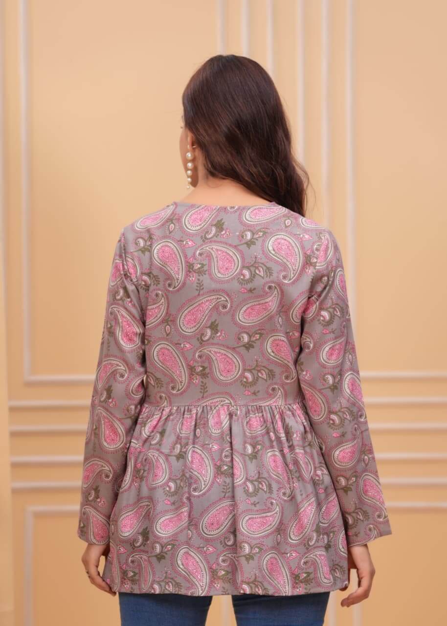 Taupe Pink Paisley Printed Cotton Tunic Top