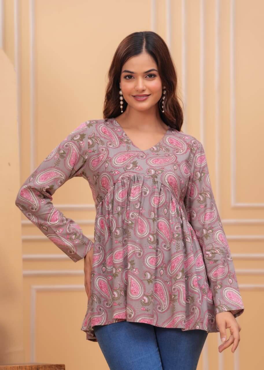 Taupe Pink Paisley Printed Cotton Tunic Top