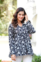 Black & White Floral Printed Cotton Tunic Top