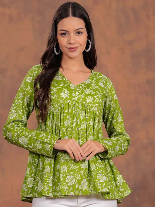 Olive Green Floral Printed Cotton Tunic Top