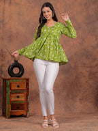 Olive Green Floral Printed Cotton Tunic Top
