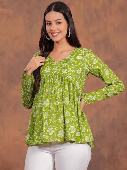 Olive Green Floral Printed Cotton Tunic Top